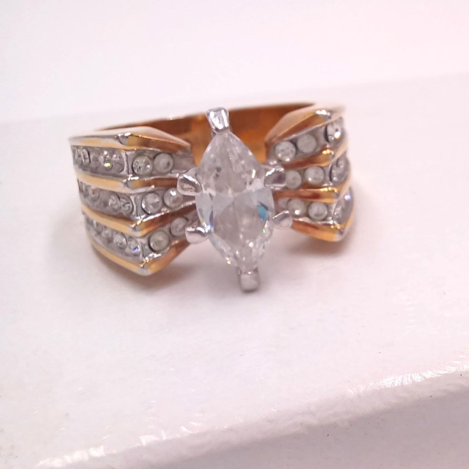 Vintage RSC Gold Tone Marquis Cut CZ Statement Fashion Ring, Size 7.5