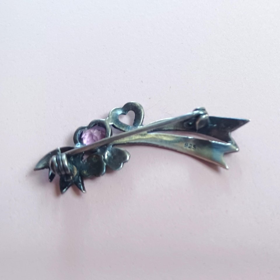 Sterling Silver, Marcasite and Amethyst Art Deco Hearts and Ribbons Brooch