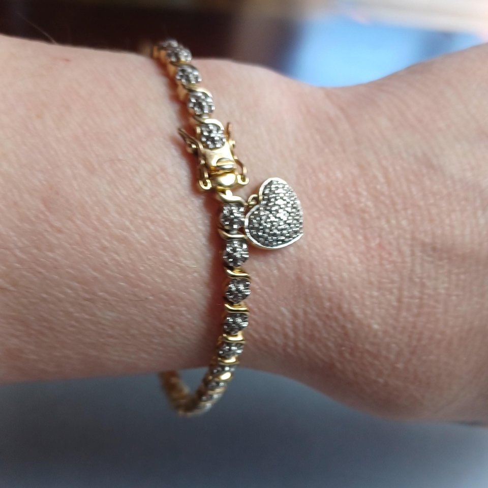 Ross Simmons Vermeil Link Tennis Bracelet with Heart Charm, Gold Over Sterling, Gift for Her