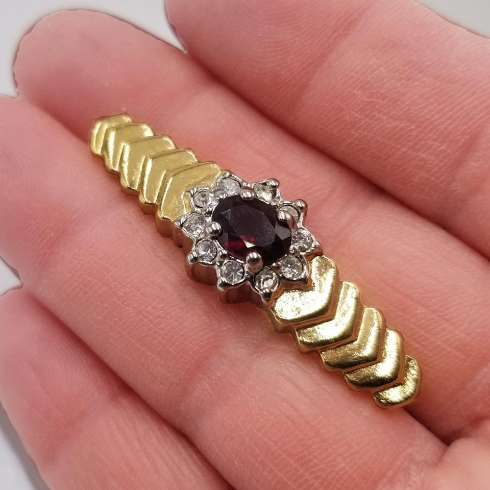 Vintage Gold Plated and Simulated Garnet and Rhinestones Bar Pin Brooch
