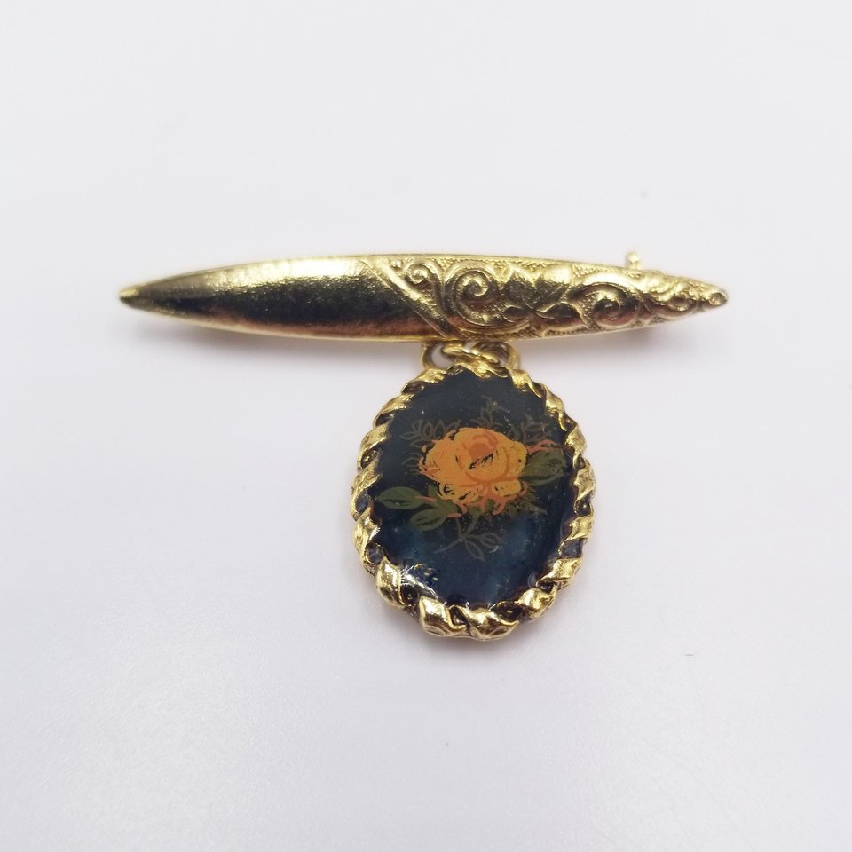 Vintage Victorian Revival Gold Tone Bar Pin with Dangling Portrait of a Rose Brooch
