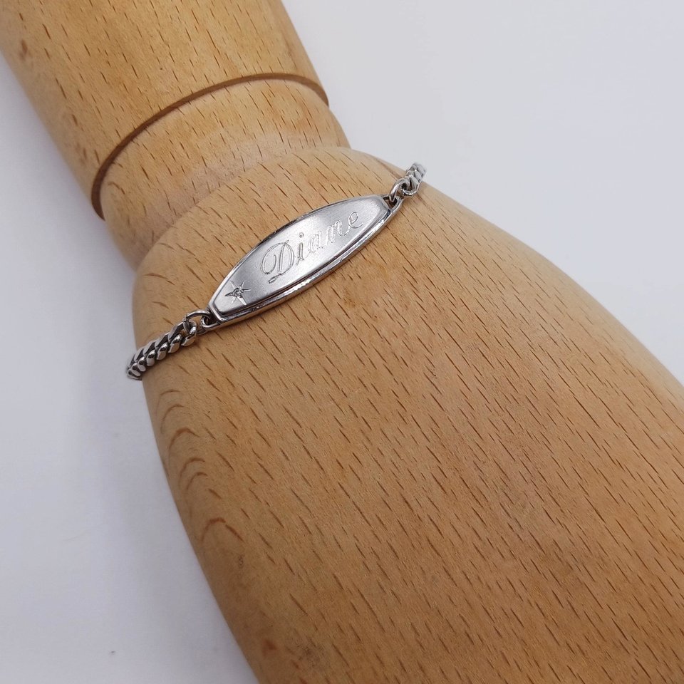 Vintage Silver Tone Speidel "Diane" ID Bracelet, Diamond Accent