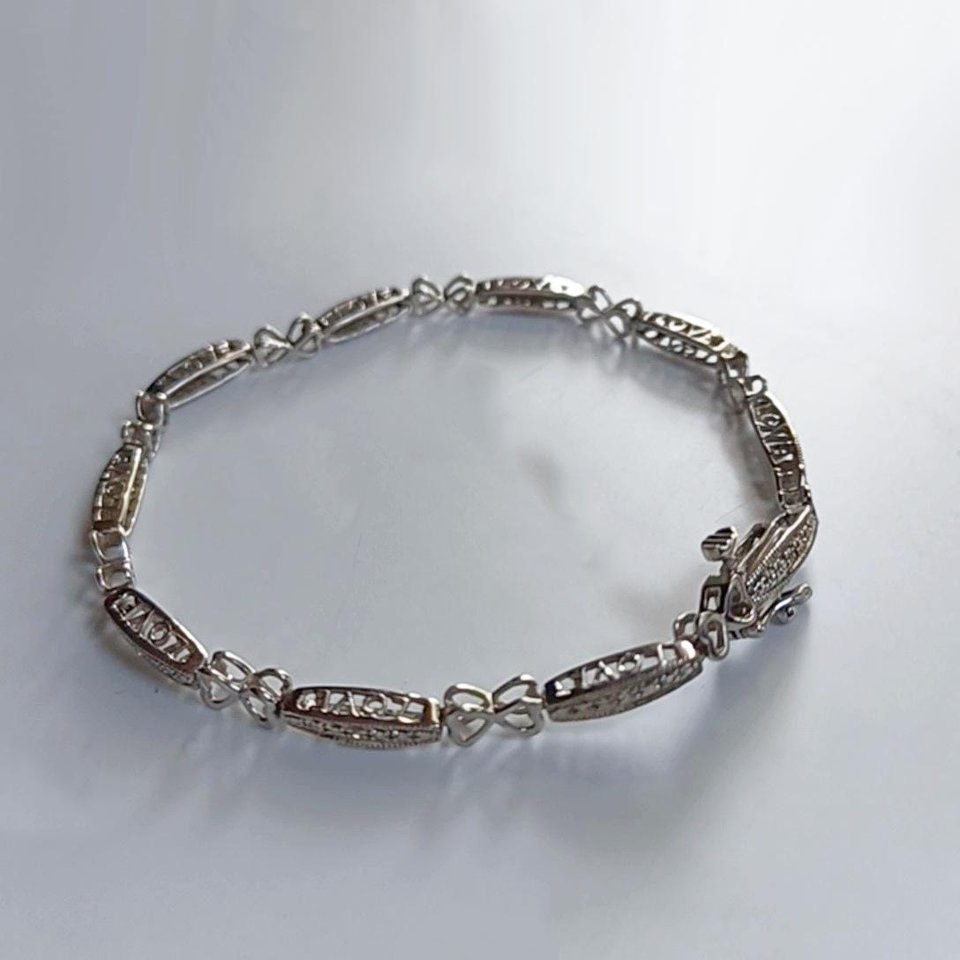 Vintage Sterling Silver Open Work Love Panel Link Tennis Bracelet, Tiny Diamonds