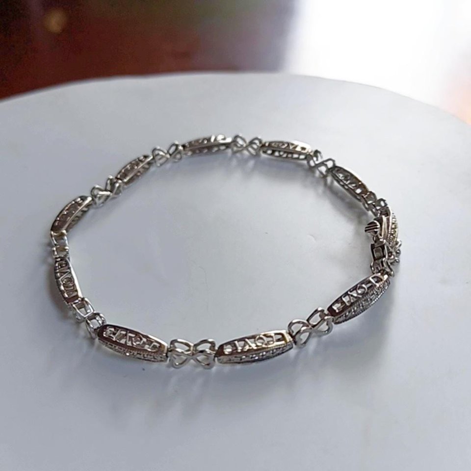 Vintage Sterling Silver Open Work Love Panel Link Tennis Bracelet, Tiny Diamonds