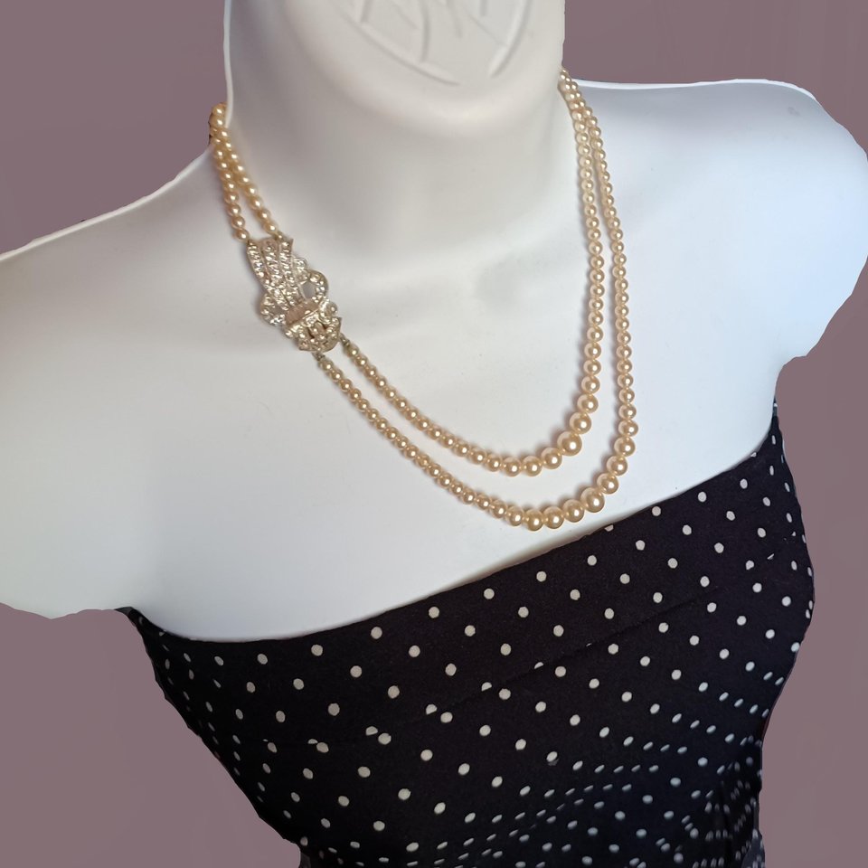 Stunning Vintage Double Strand Faux Pearls with Rhinestone Left Side Clasp Necklace, Made in Japan