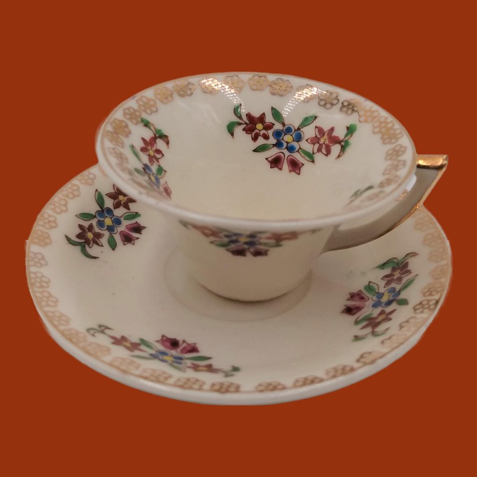 Miniature Teacup Demitasse Cup and Saucer Set, Floral Design Made in Occupied Japan, Vintage