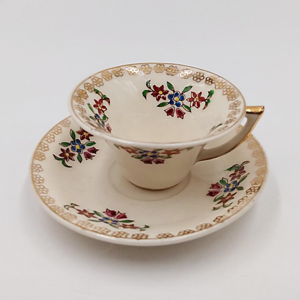 Miniature Teacup Demitasse Cup and Saucer Set, Floral Design Made in Occupied Japan, Vintage