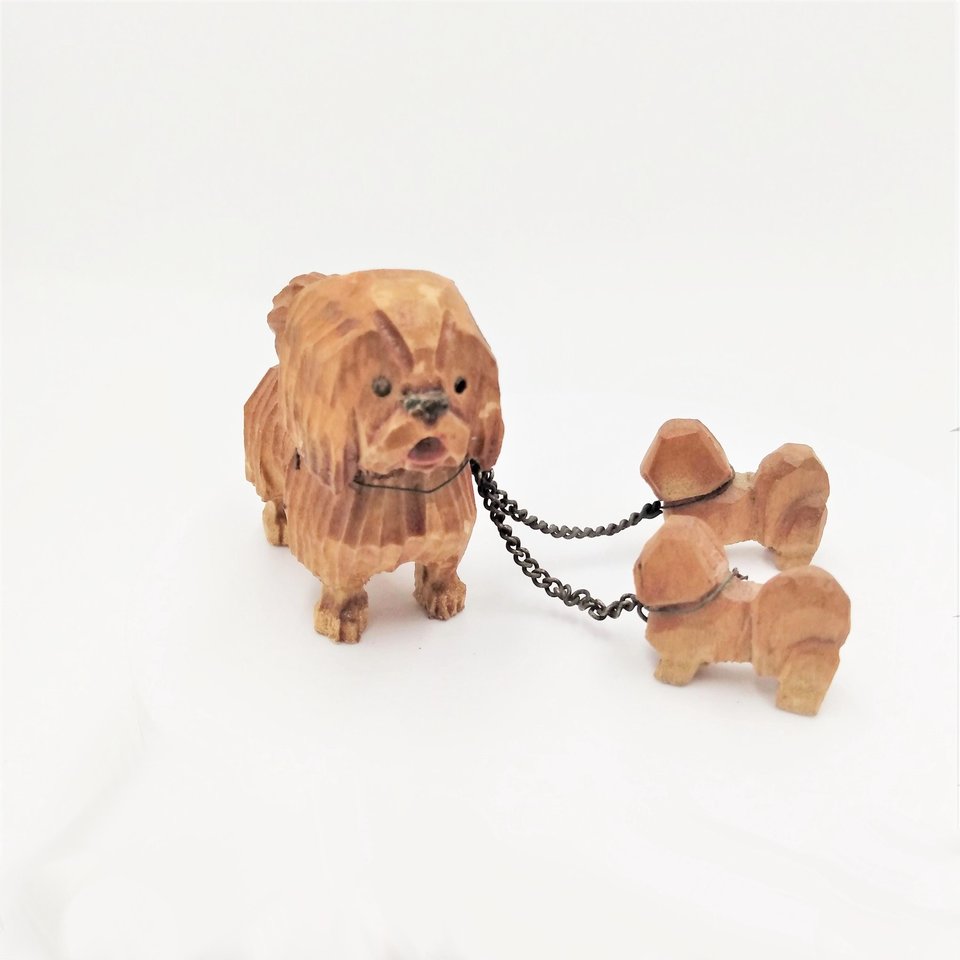 1940's Hand Carved Wooden Chained Sheepdogs Mom and 2 Pups