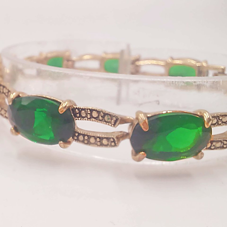 Monet Gold Tone and Dark Green Jewel Link Bracelet and Dangle Earrings Jewelry Set