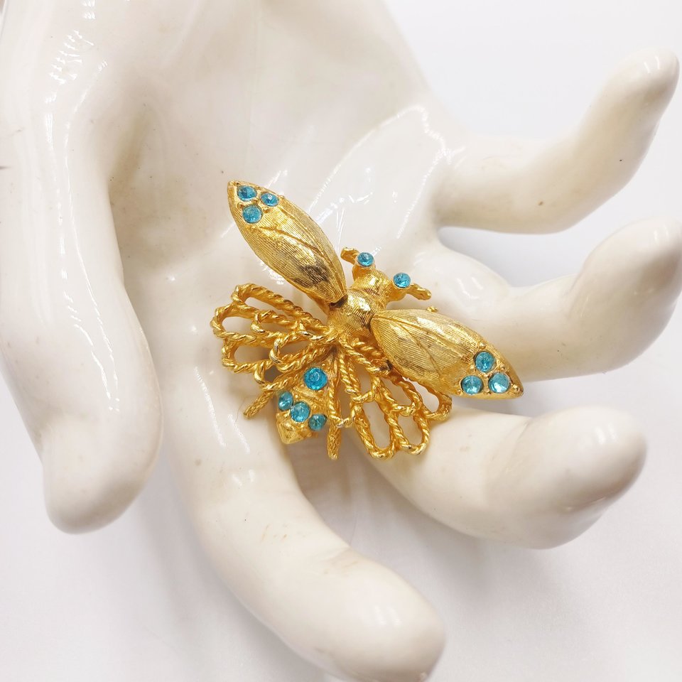 Jeanne Gold Plated Articulated Bug with Rhinestones Trembling Wings Brooch, Vintage
