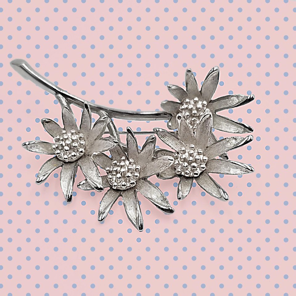 Vintage Large Signed Judy Lee Mid Century Silver Tone Multi-Flower Brooch, Gift for Her