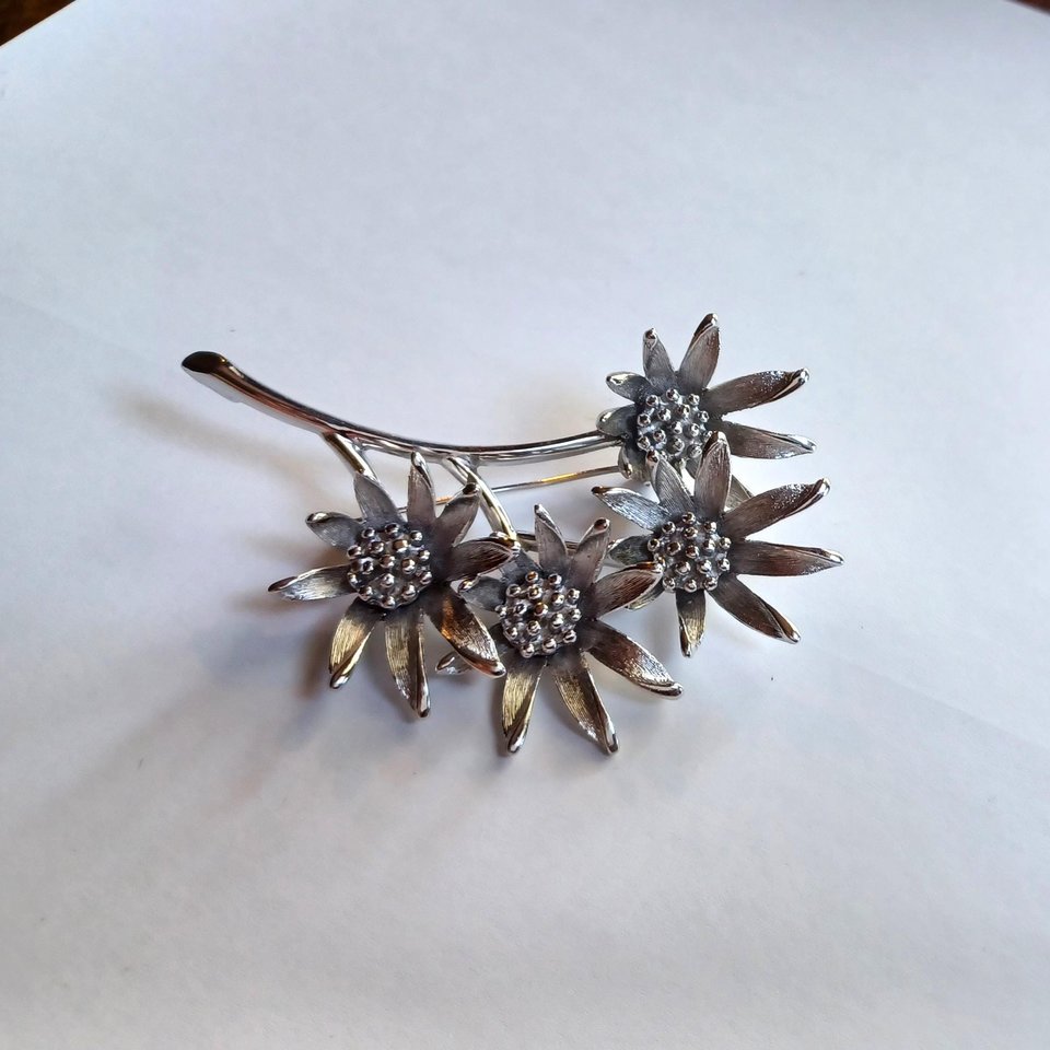 Vintage Large Signed Judy Lee Mid Century Silver Tone Multi-Flower Brooch, Gift for Her