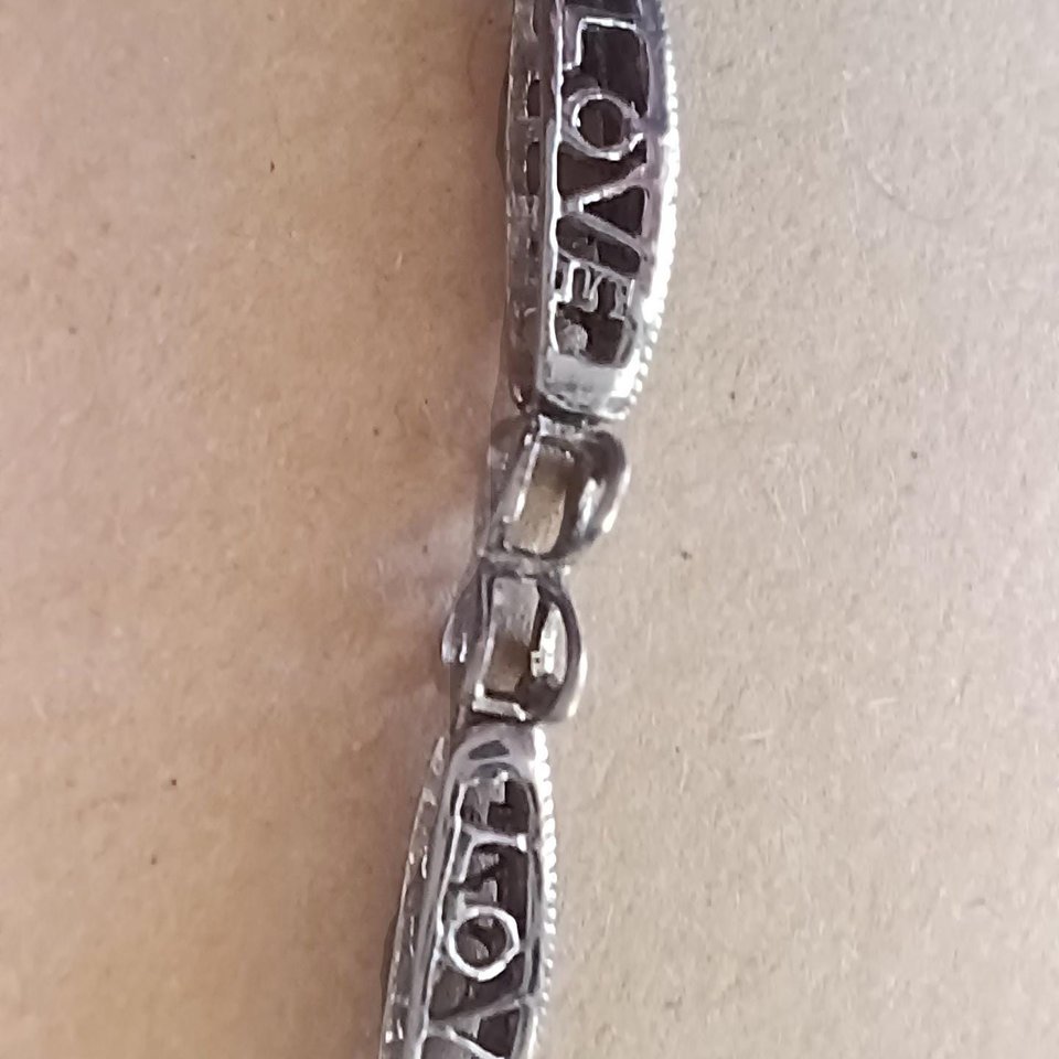 Vintage Sterling Silver Open Work Love Panel Link Tennis Bracelet, Tiny Diamonds