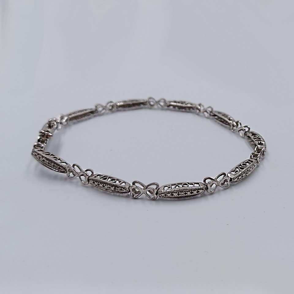 Vintage Sterling Silver Open Work Love Panel Link Tennis Bracelet, Tiny Diamonds
