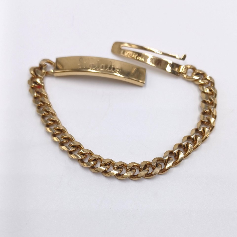 Vintage Shiny Gold Tone Speidel "Natalie" ID Curb Chain Engraved Bracelet