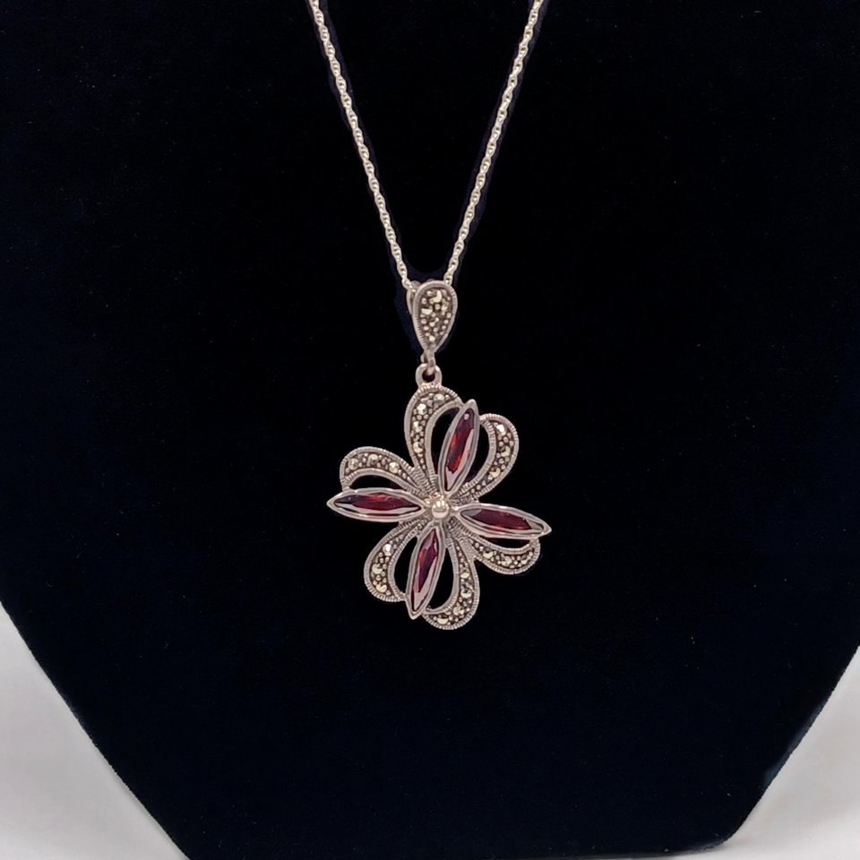 Vintage Art Deco Sterling Silver Marcasite and Topaz Flower Clover Pendant Necklace
