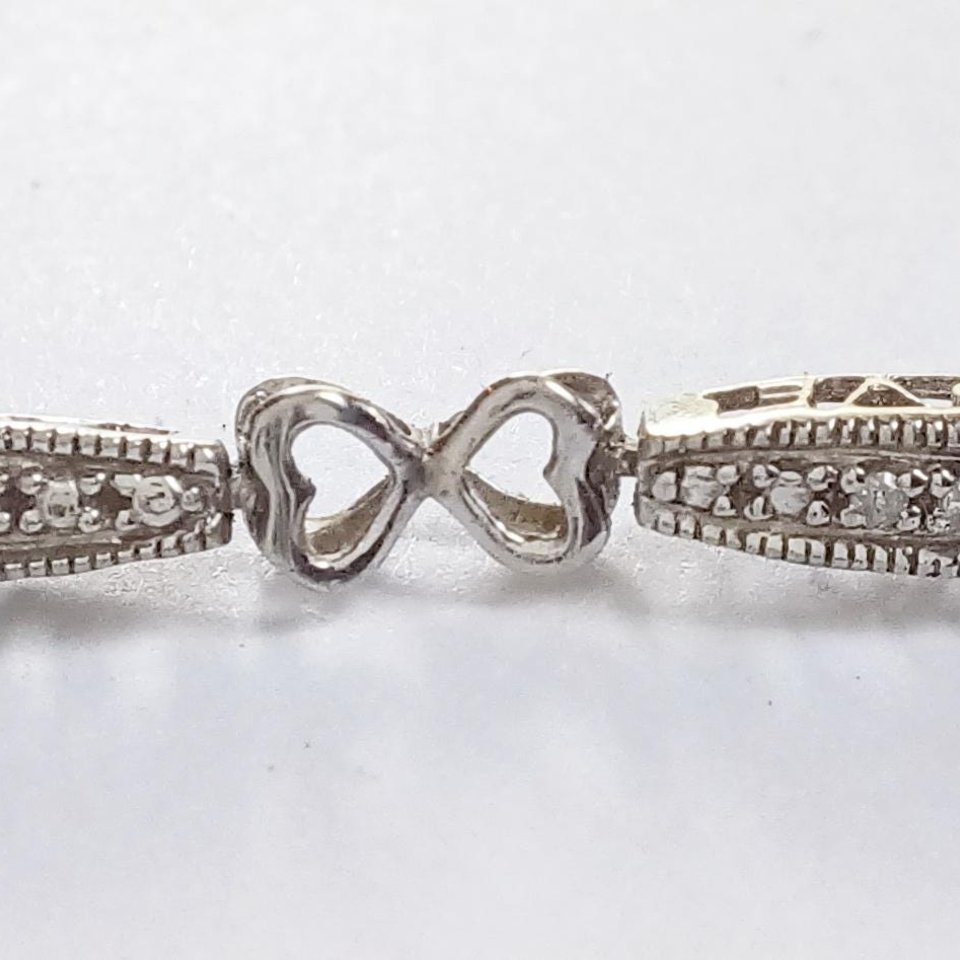 Vintage Sterling Silver Open Work Love Panel Link Tennis Bracelet, Tiny Diamonds
