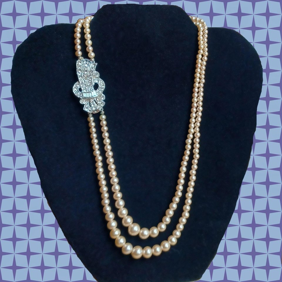 Stunning Vintage Double Strand Faux Pearls with Rhinestone Left Side Clasp Necklace, Made in Japan