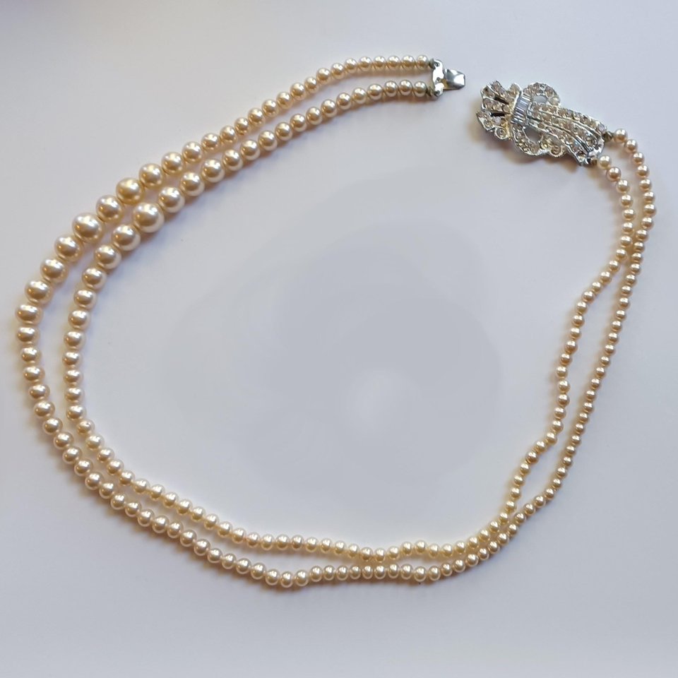 Stunning Vintage Double Strand Faux Pearls with Rhinestone Left Side Clasp Necklace, Made in Japan