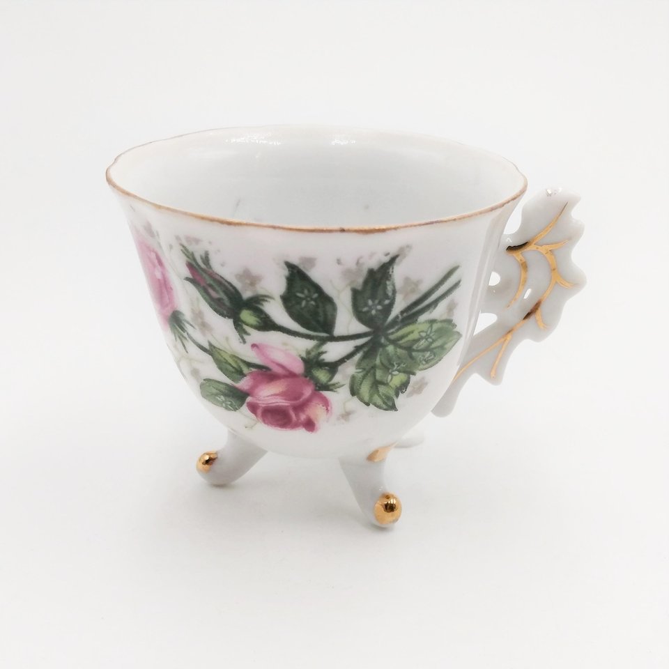 Vintage Porcelain Rosebuds  Three Footed Demitasse Teacup and Saucer Set