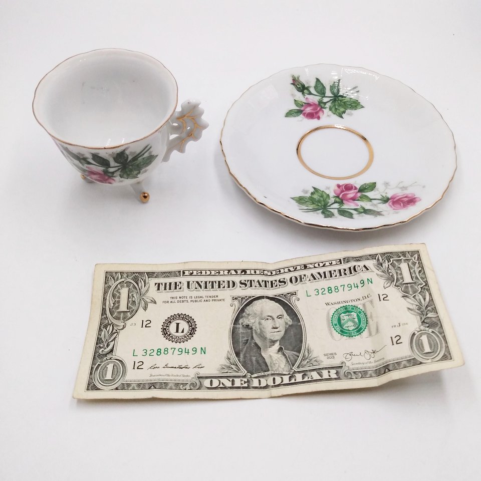 Vintage Porcelain Rosebuds  Three Footed Demitasse Teacup and Saucer Set
