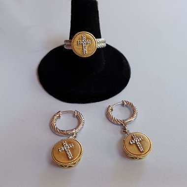 Vintage Sterling Silver, Gold Vermeil with Diamonds Cross Dangle Earrings and Ring Jewelry Set