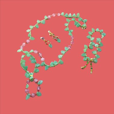 Vintage Summertime Green Leaves and Pink Flowers Glass Beads, Necklace, Stretch Bracelet and Screw Back Earrings Jewelry Set