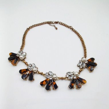 Faux Tortoise Shell and Large Clear Rhinestones Statement Necklace
