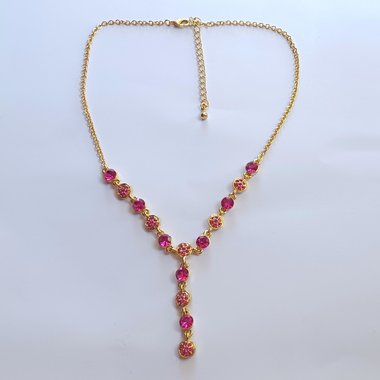 Vintage Shiny Gold Tone and Hot Pink Rhinestones Lariat "Y" Necklace, Gift for Her